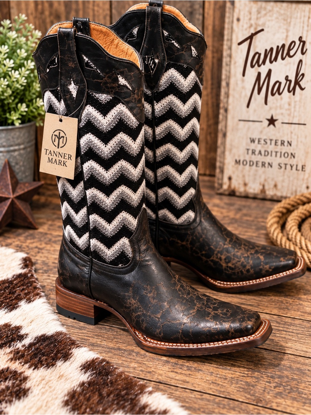 Tanner Mark Leather Black & Silver Chevron Western Cowboy Boots Square Toe NWT - Picture 3 of 4